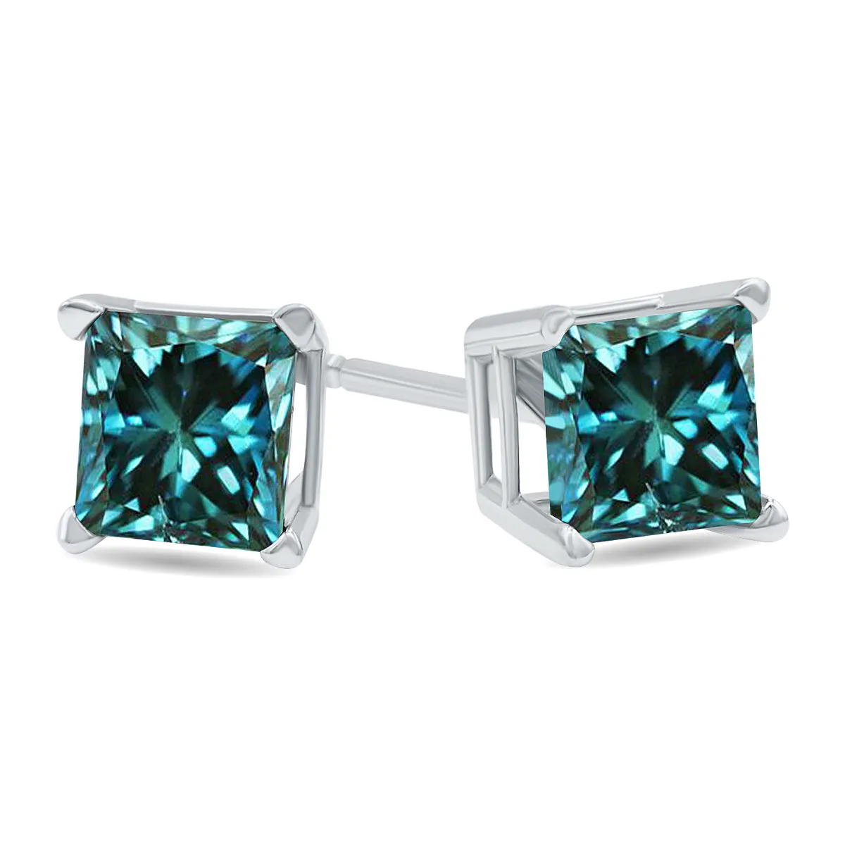 1 Carat Princess Cut Blue Diamond Solitaire Earrings In 10K White Gold