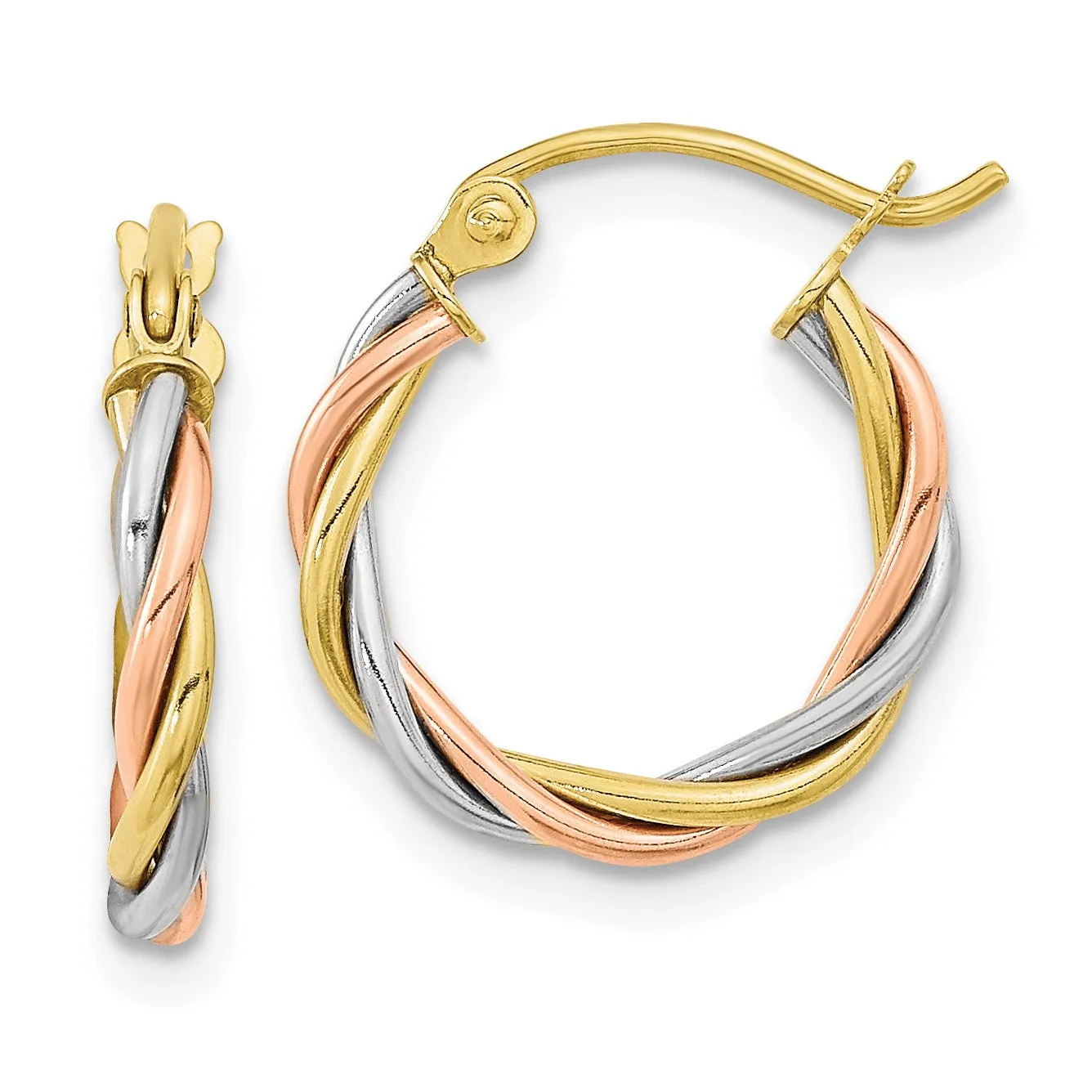 10KT Gold Tri-Color 2.5X15MM Twist Hoop Earrings