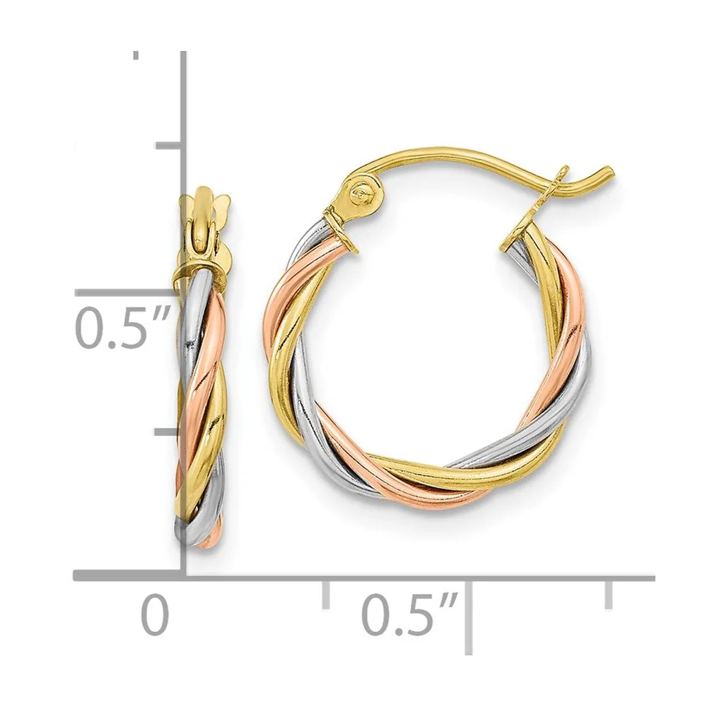 10KT Gold Tri-Color 2.5X15MM Twist Hoop Earrings