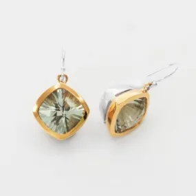 10mm Cushion Green Quartz Bezel Dangle Earrings in 14k Gold & Sterling Silver