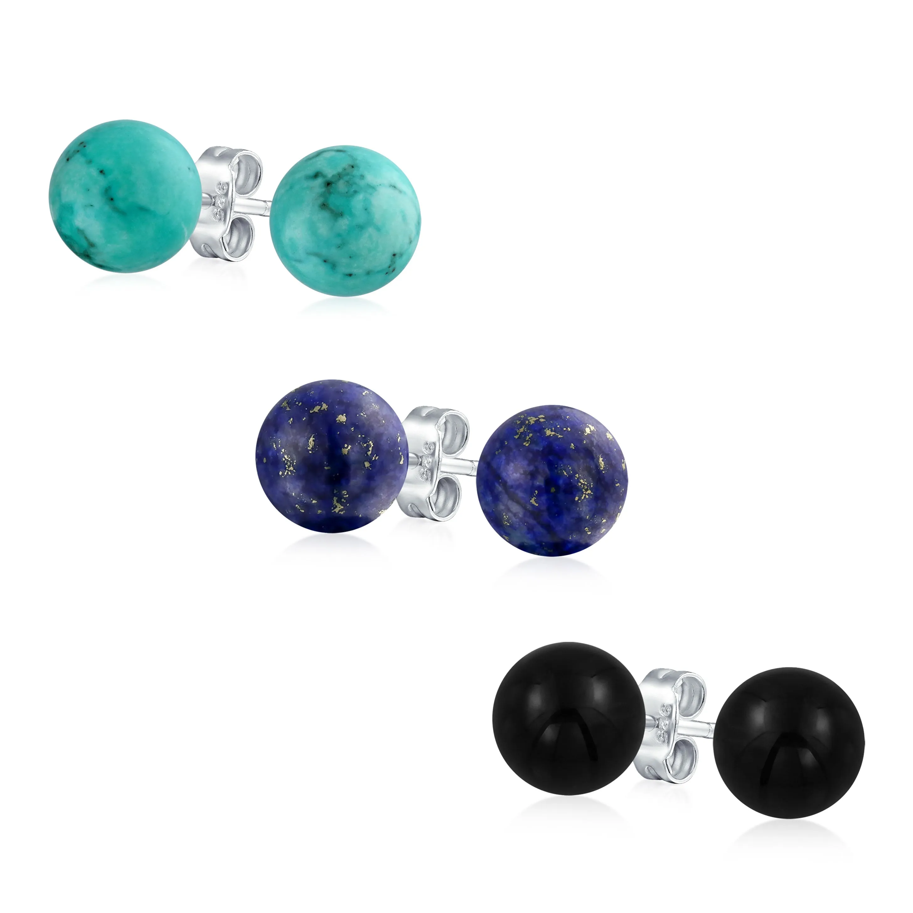 10MM Natural Gemstone Round Bead Ball Stud Earrings - Sterling Silver for Women Teens