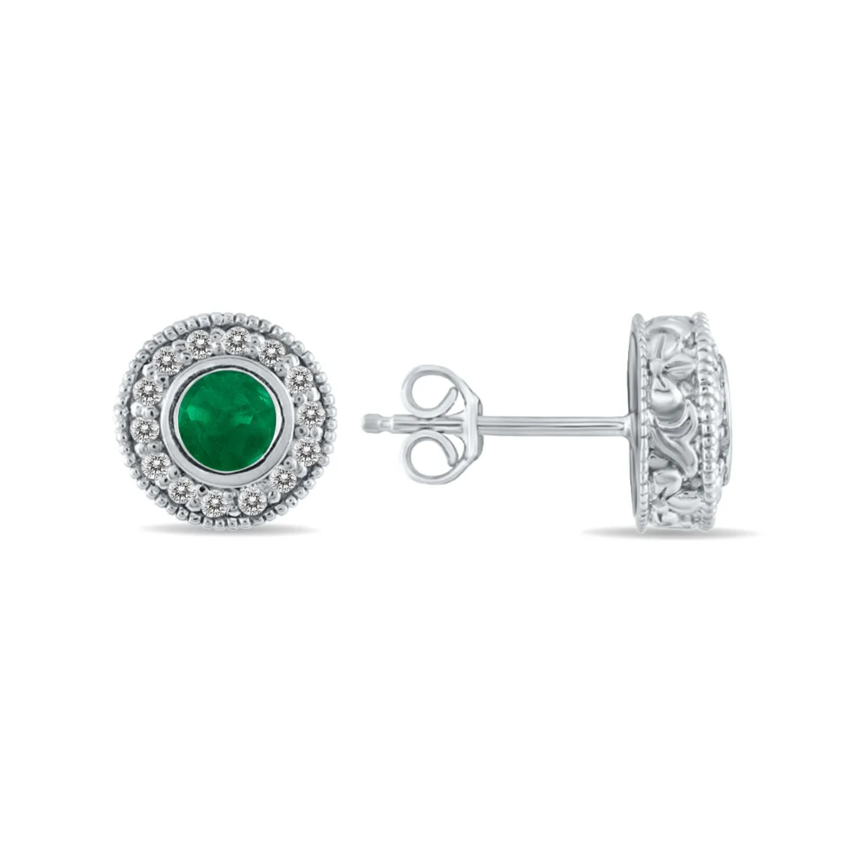 1/2 Carat Tw Emerald And Diamond Bezel Set Earrings 10K White Gold