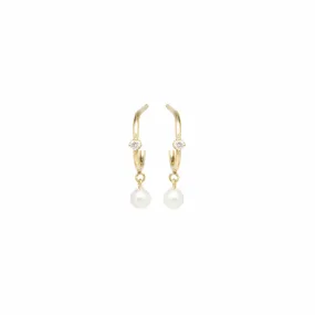 14k Pearl Dangle & Prong Diamond Thin Huggie Hoops