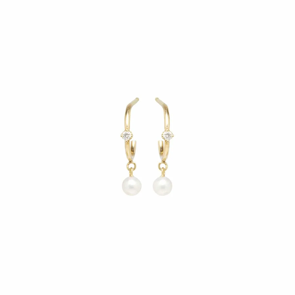 14k Pearl Dangle & Prong Diamond Thin Huggie Hoops