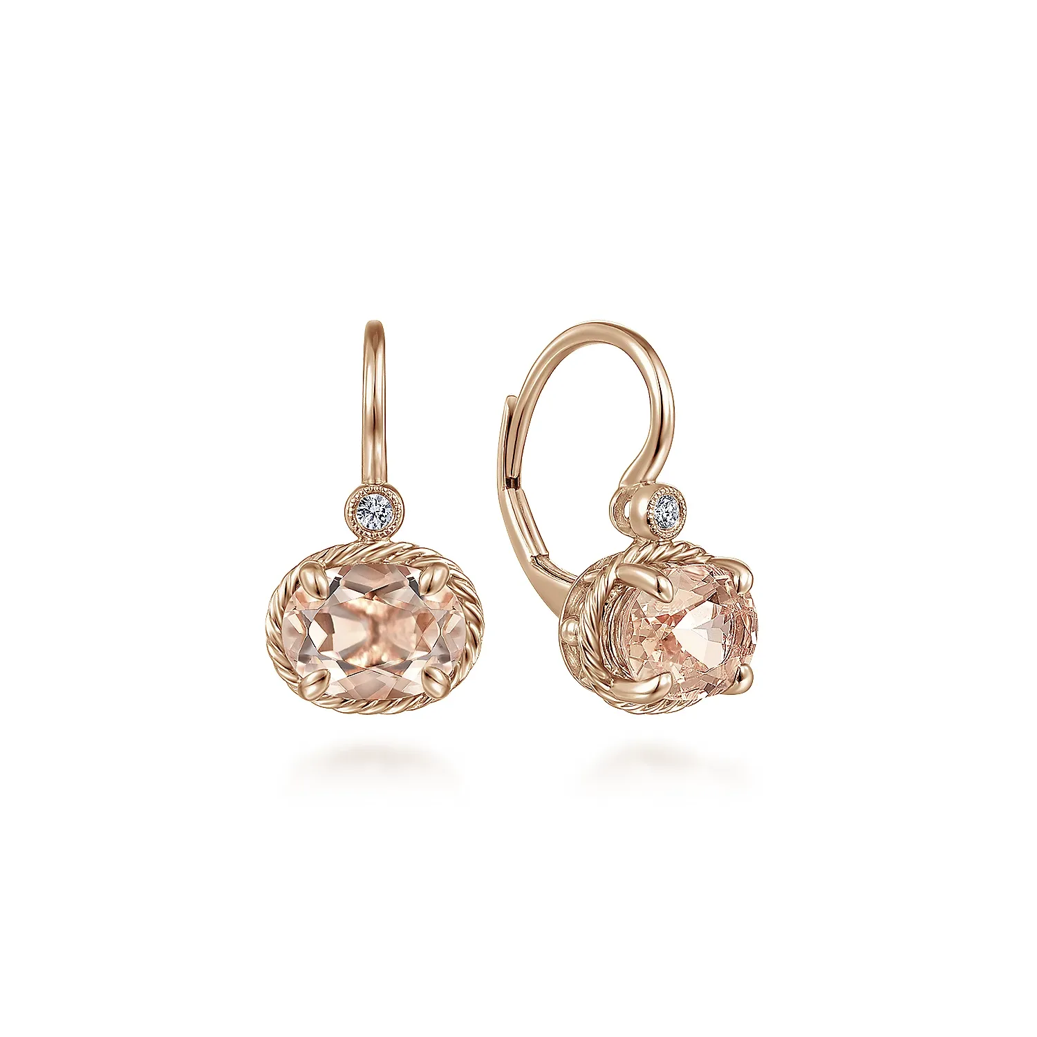 14K Rose Gold Oval Morganite and Diamond Leverback Earrings