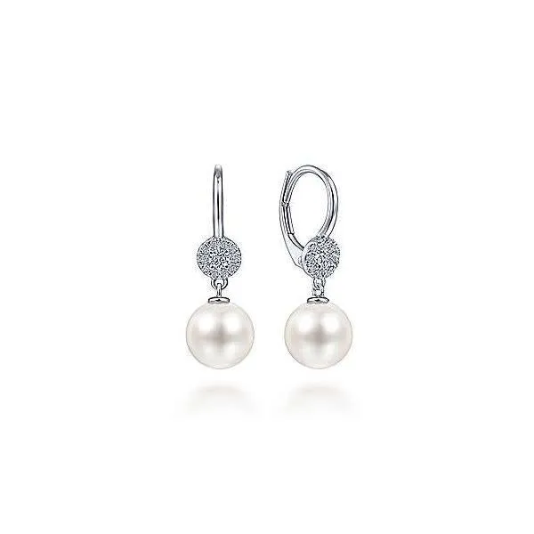 14K White Gold Cluster Diamond Disc and Pearl Drop Earrings