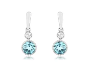 14K White Gold Diamond and Blue Topaz Drop Earrings