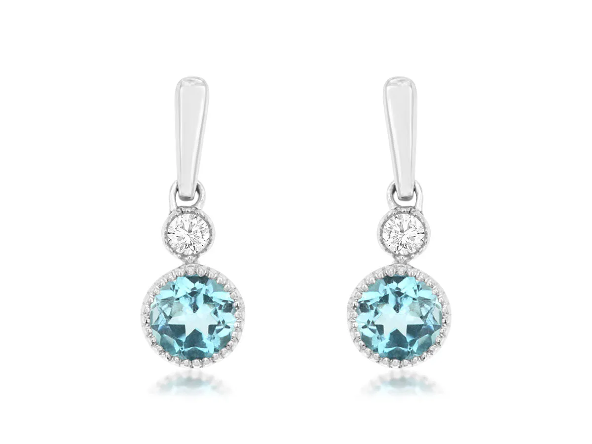 14K White Gold Diamond and Blue Topaz Drop Earrings