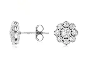 14K White Gold Diamond Flower Stud Earrings