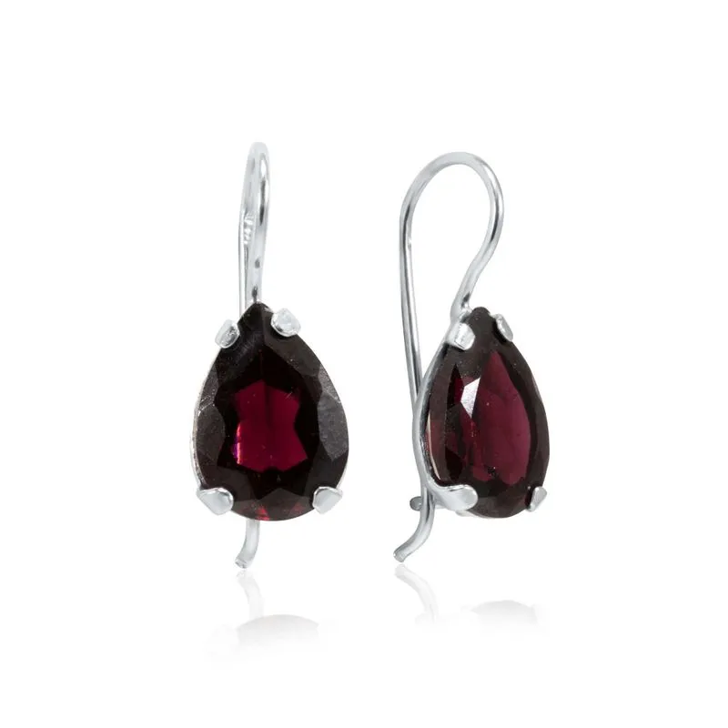 14K White Gold Pear Red Garnet 7X10mm Dangle Earrings