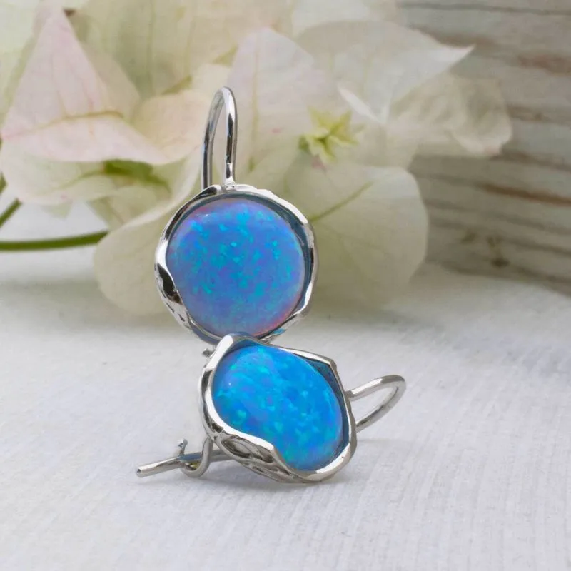 14K White Gold Round Blue Opal 12mm Dangle Earrings