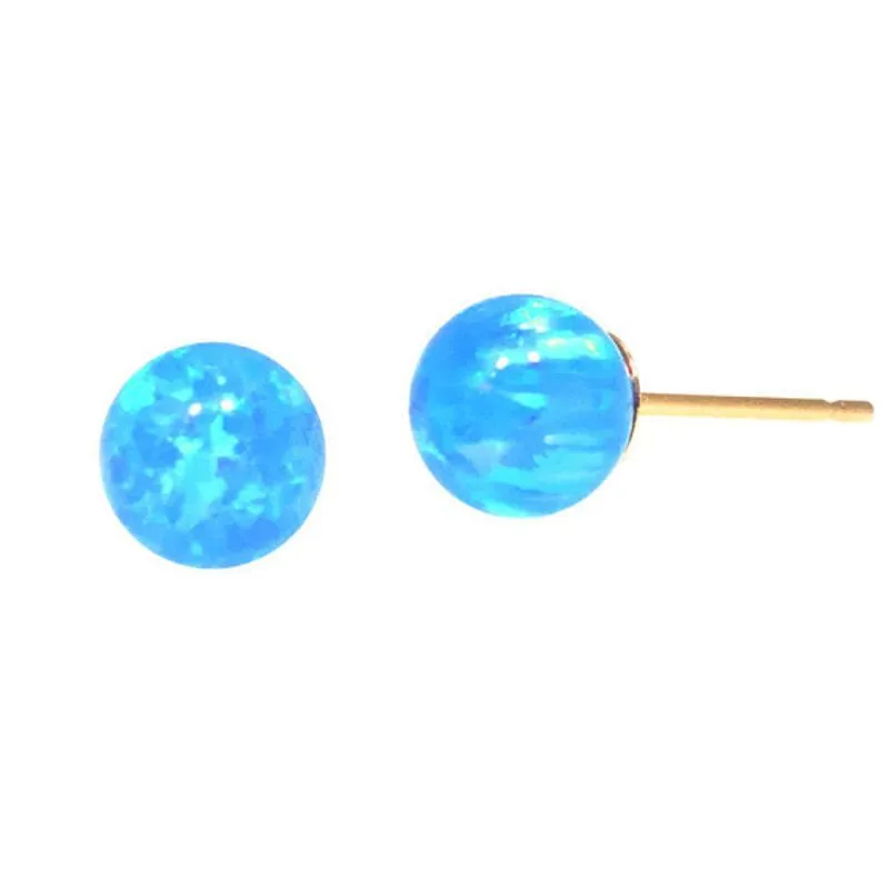 14K Yellow Gold Round Blue Opal 6mm Stud Earrings