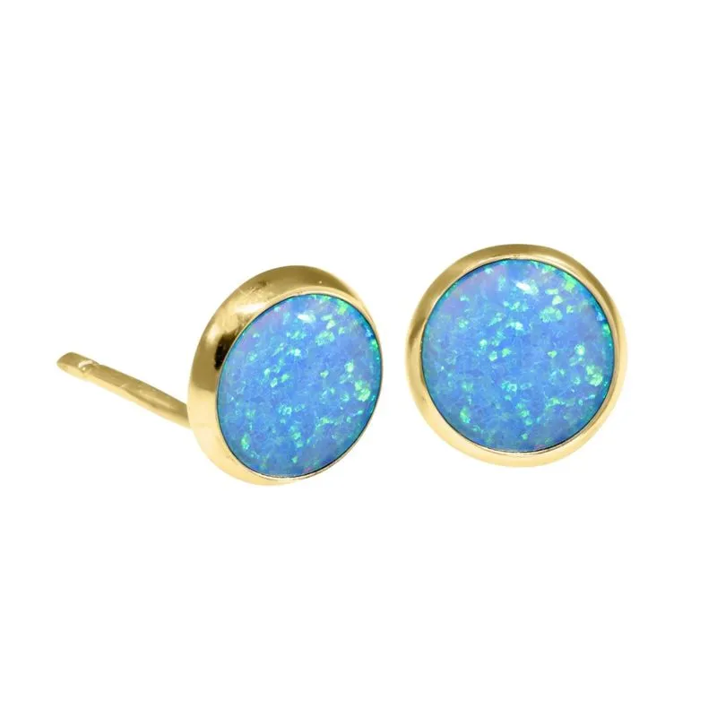 14K Yellow Gold Round Blue Opal 8mm Stud Earrings