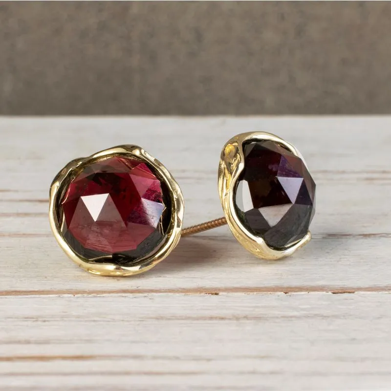 14K Yellow Gold Round Red Garnet 12mm Stud Earrings