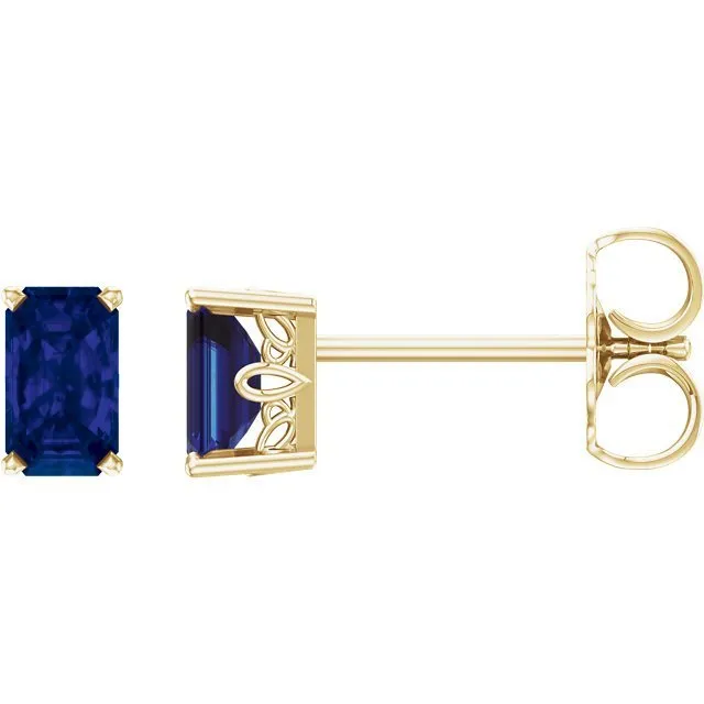 14KT GOLD 0.80 CTW EMERALD CUT SAPPHIRE SCROLL EARRINGS