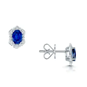 18ct White Gold Oval Sapphire And Diamond Fancy Cluster Stud Earrings