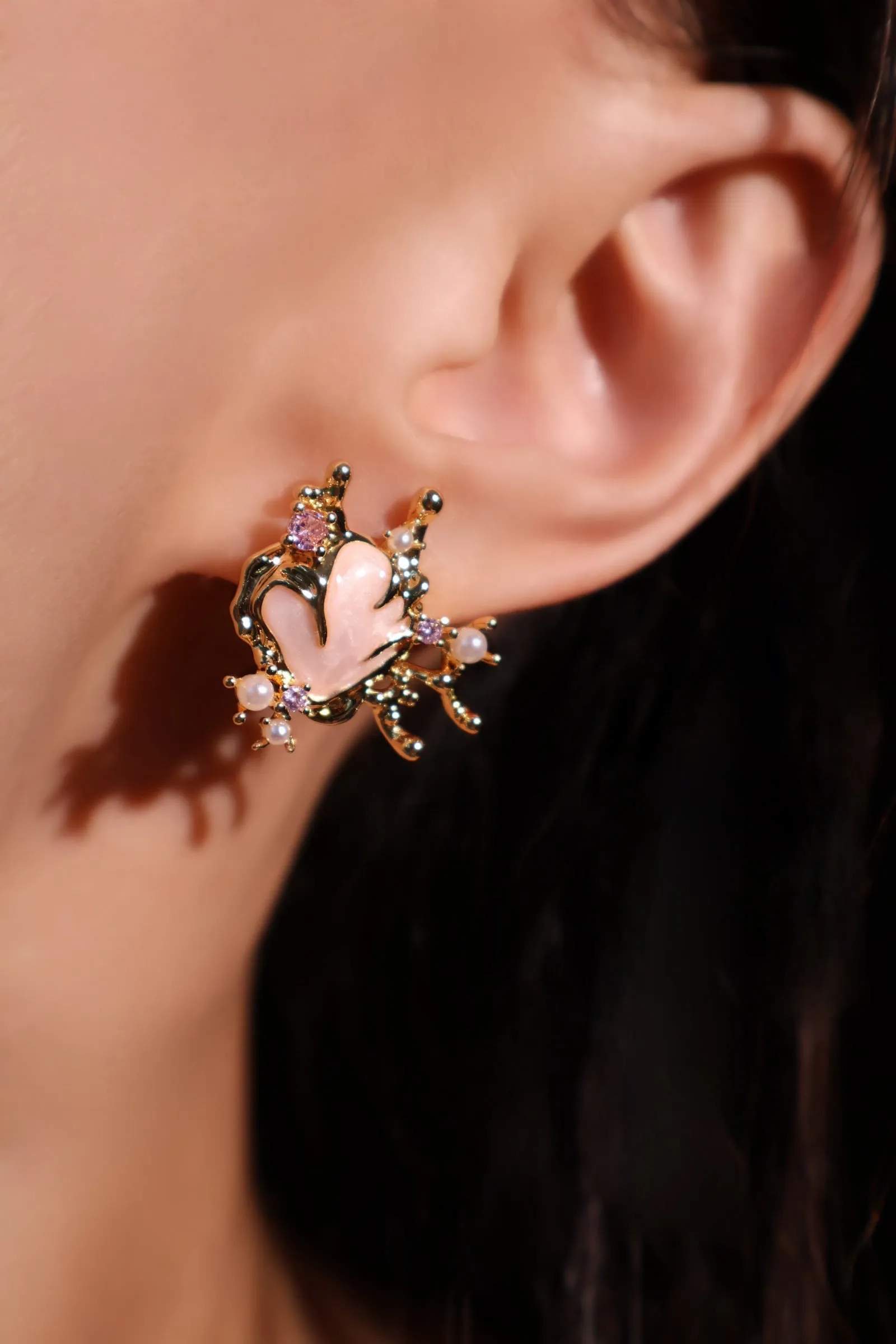 Elegant 18K Real Gold-Plated Earrings with Pink Shell Accents