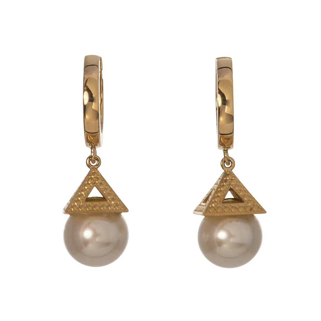 18K Yellow Gold Pearl Pagoda Huggie Drop Earrings