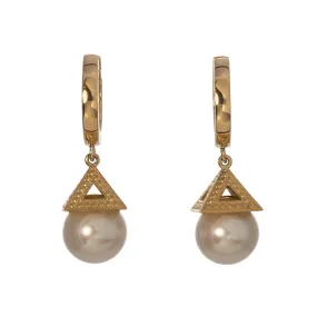 18K Yellow Gold Pearl Pagoda Huggie Drop Earrings