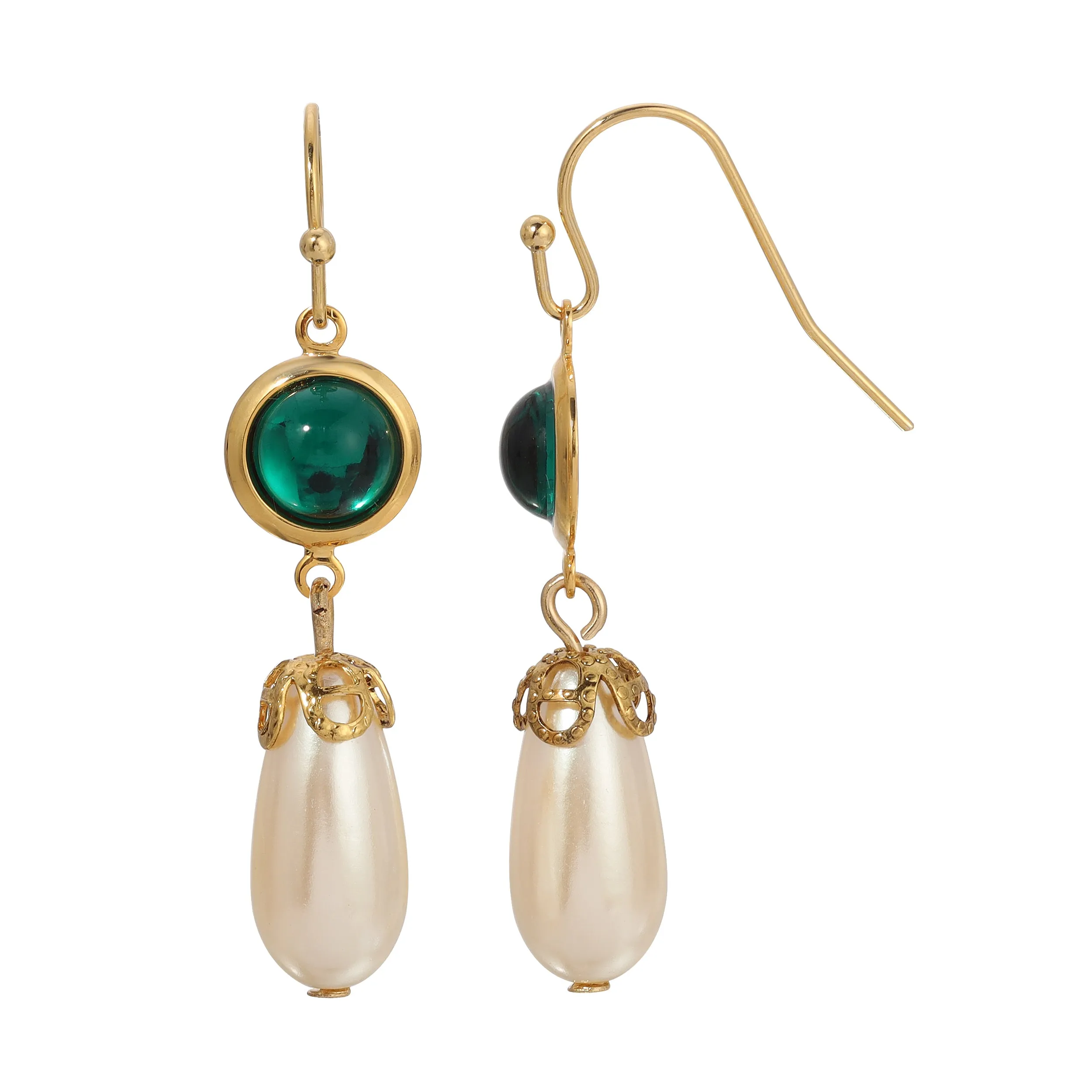 1928 Jewelry Cabochon Stones & Pear Shaped Faux Pearl Drop Earrings