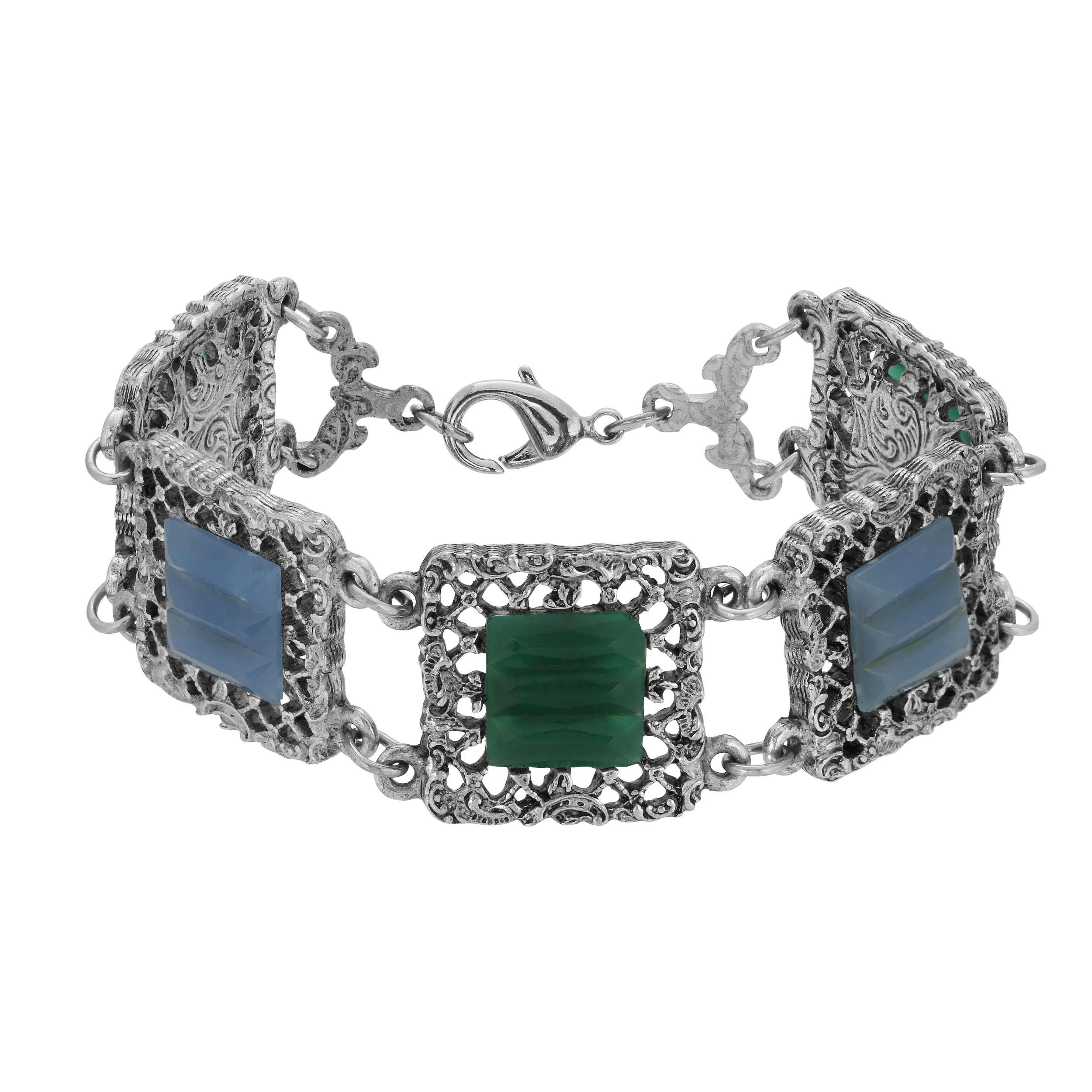 1928 Jewelry Deco Filigree Square Glass Stone Bracelet