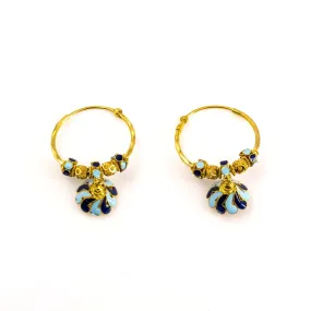 22K Antique Gold Beaded Hoop Earrings W/ Floral Drop & Enamel