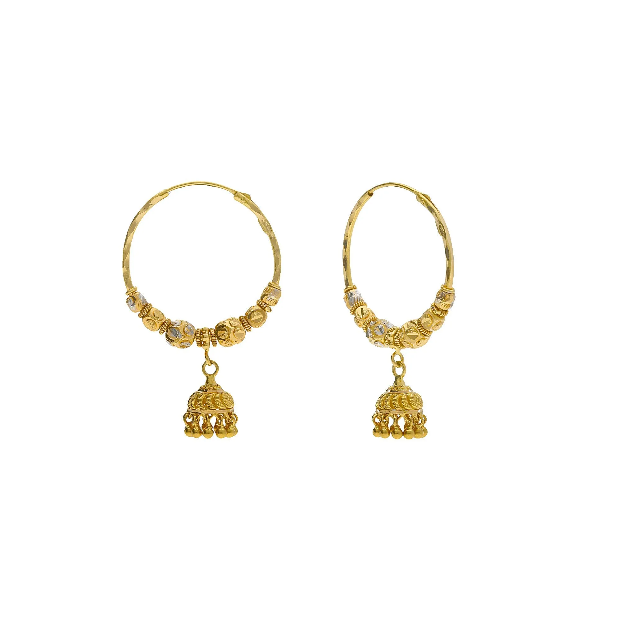 22K Multi Tone Gold Hoop Earrings W/ Cubed Gold Beads & Jhumki Drops