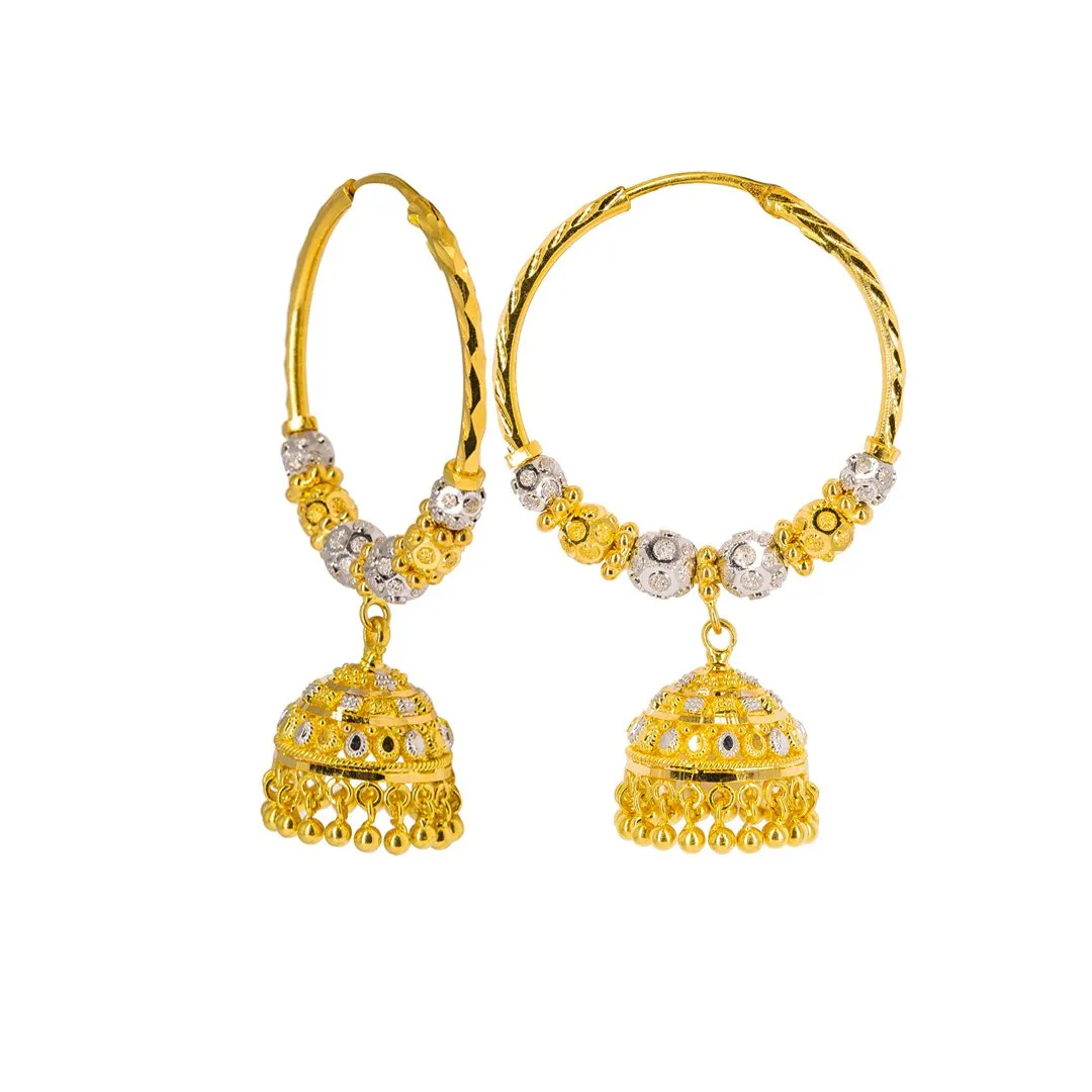 22K Multi Tone Gold Hoop Earrings W/ Speckled Balls & Jhumki Drops