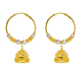 22K Multi Tone Gold Hoop Earrings W/ Speckled Balls & Jhumki Drops