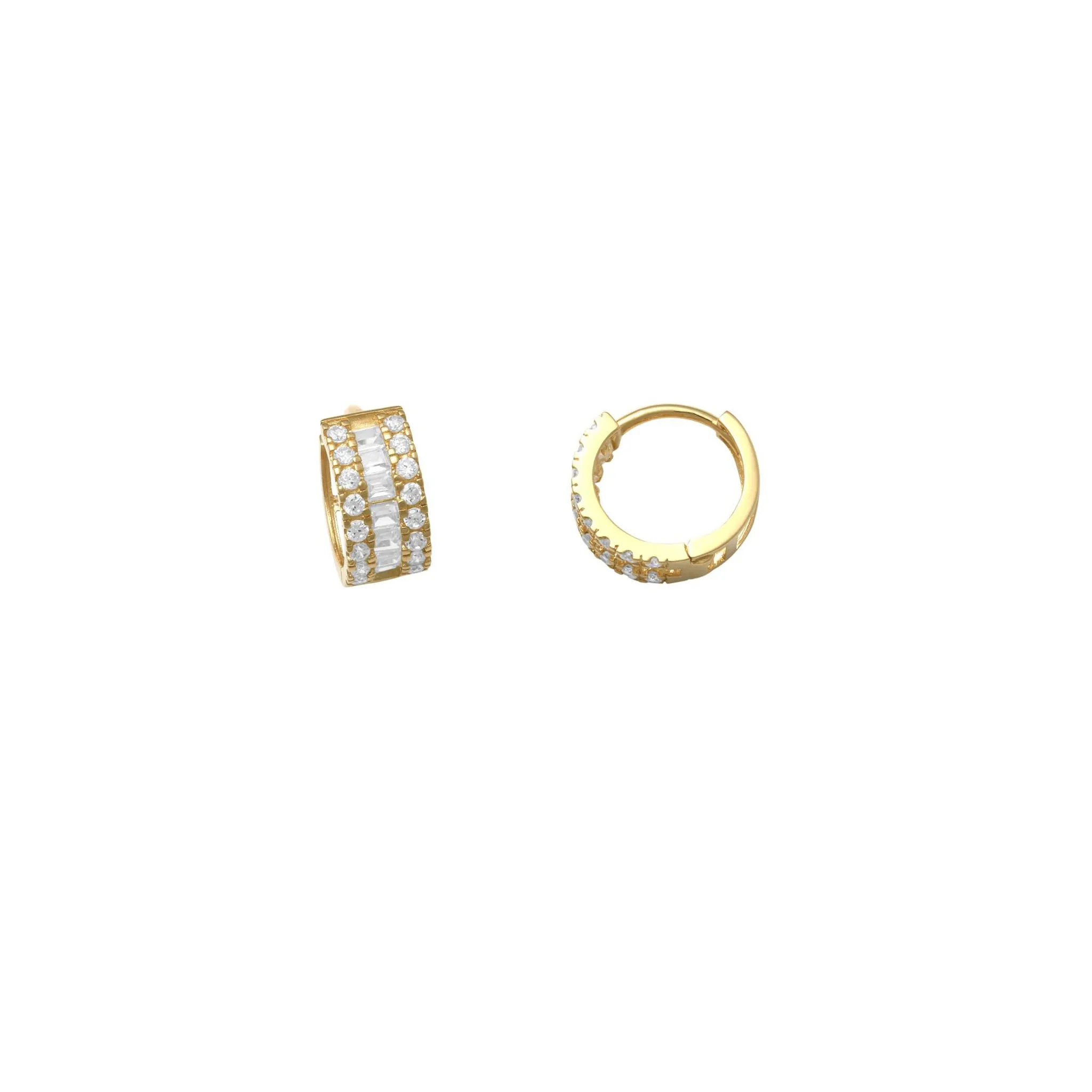 3 Rows Baguette CZ Huggie Earrings (14K)