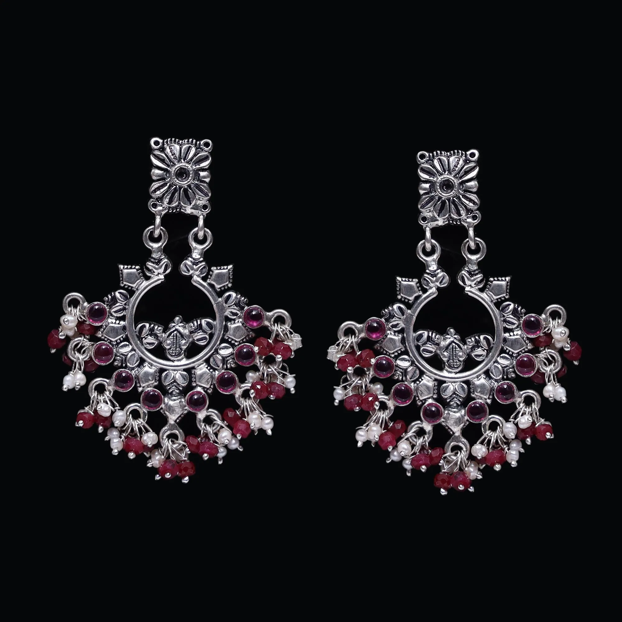 925 Silver Handmade Earring with Ruby Color and Fresh Water Pearl Hanging