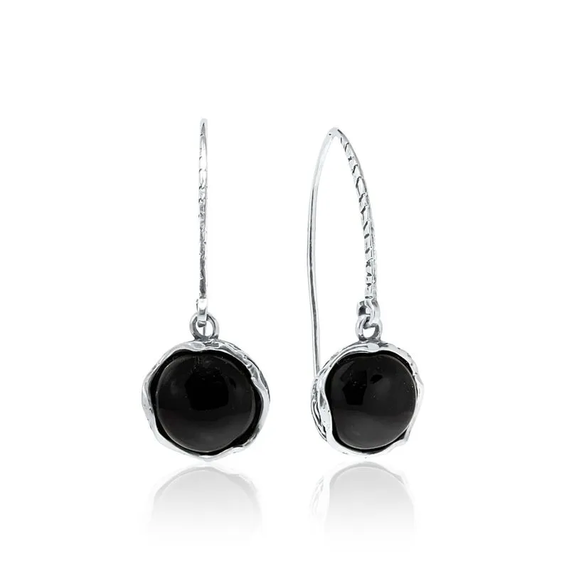 925 Sterling Silver Round Black Onyx 12mm Dangle Earrings