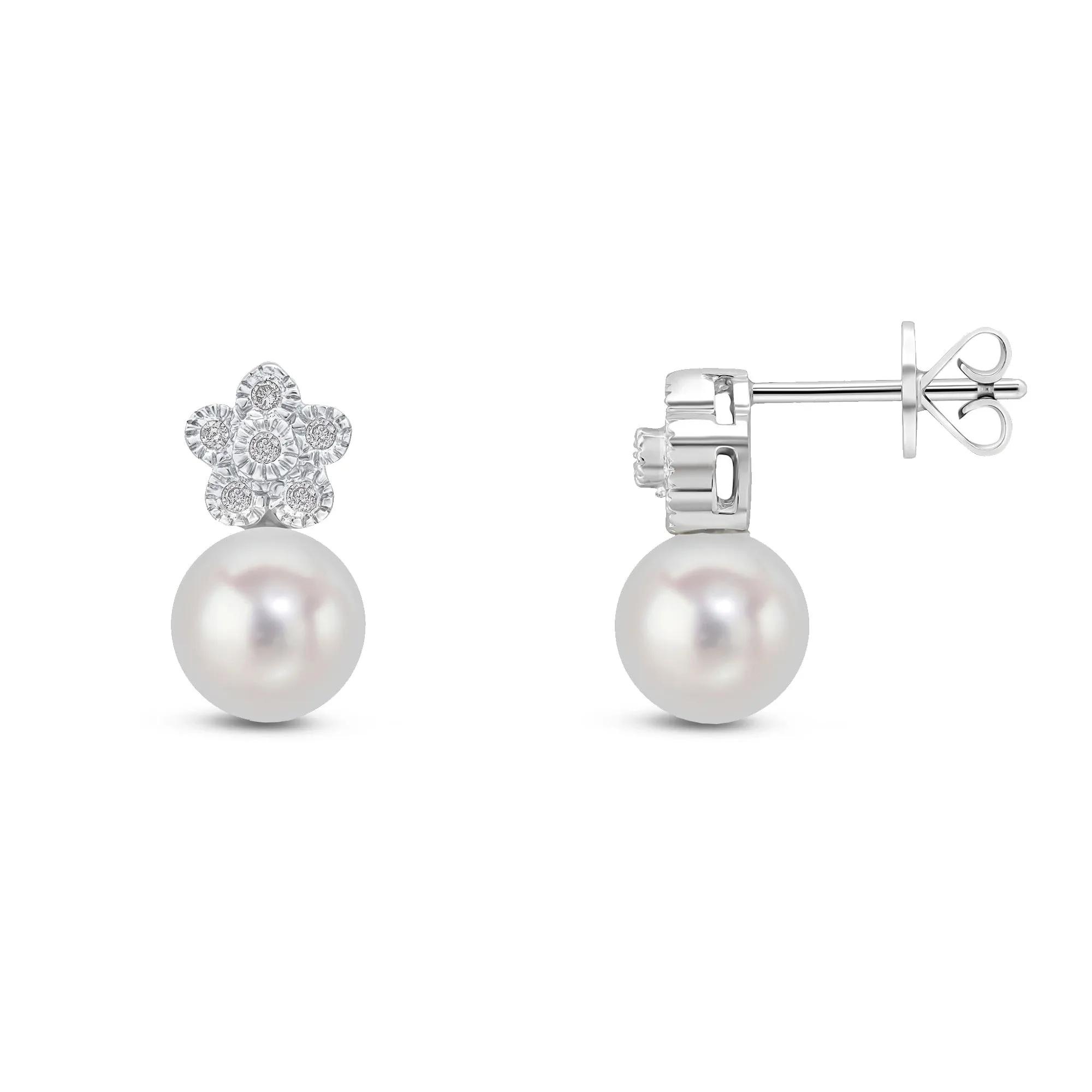 9ct White Gold Diamond & Pearl Flower Stud Earrings