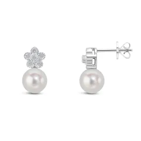 9ct White Gold Diamond & Pearl Flower Stud Earrings