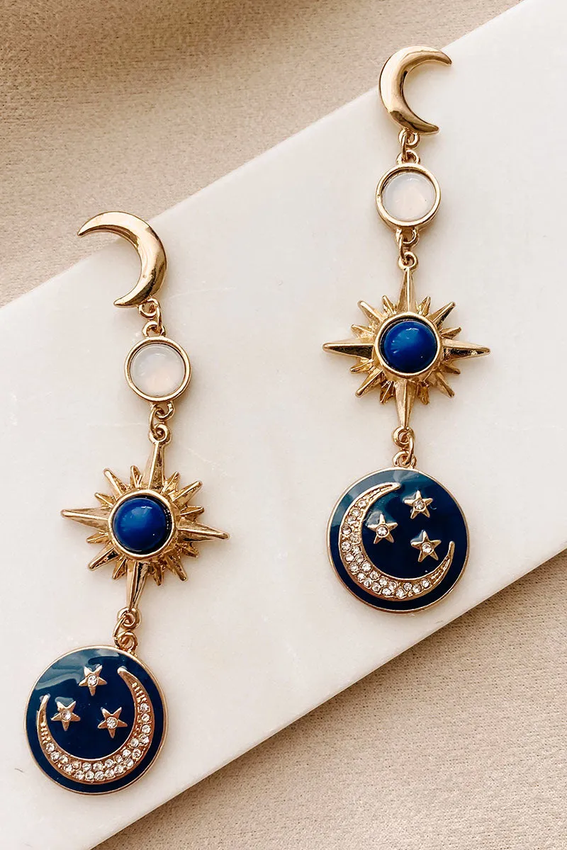 All My Stars Dangle Star And Moon Earrings (Gold/Navy)