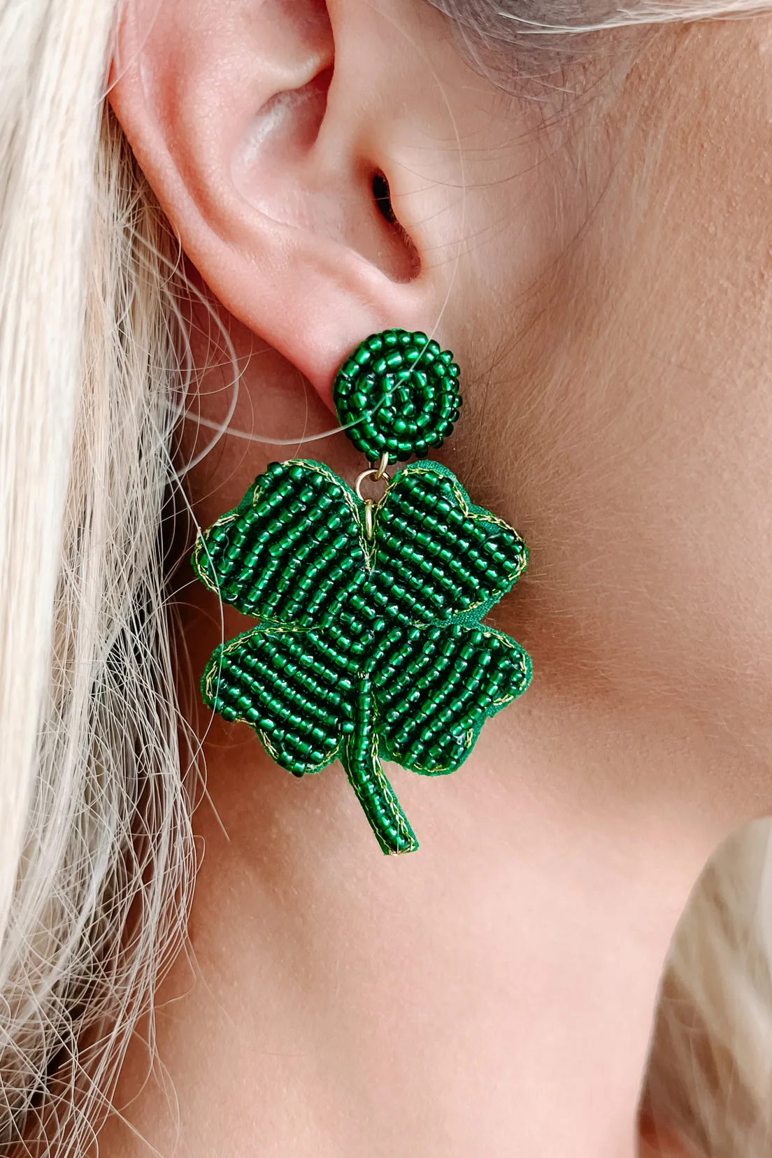 Always Lucky Beaded Four-Leaf Clover Earrings (Green)