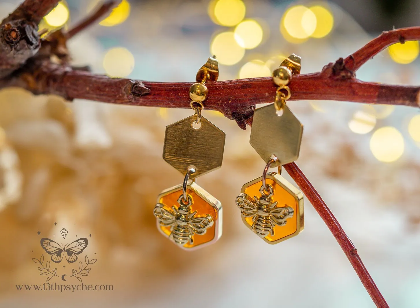 Amber hexagon and bee earrings