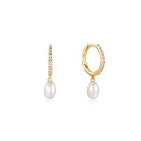 Ania Haie 14kt Gold Pearl Drop and White Sapphire Huggie Hoop Earrings