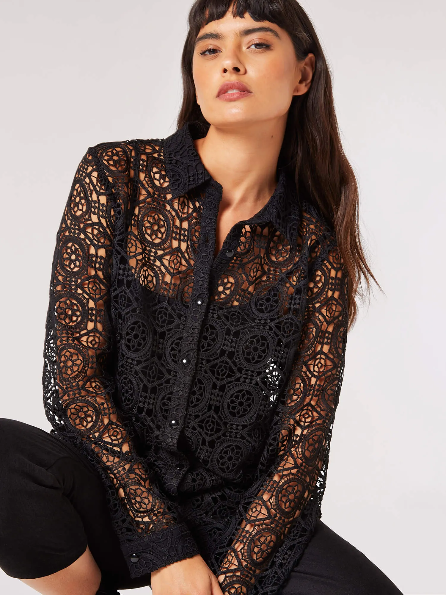 Apricot Geometric Guipure Lace Shirt