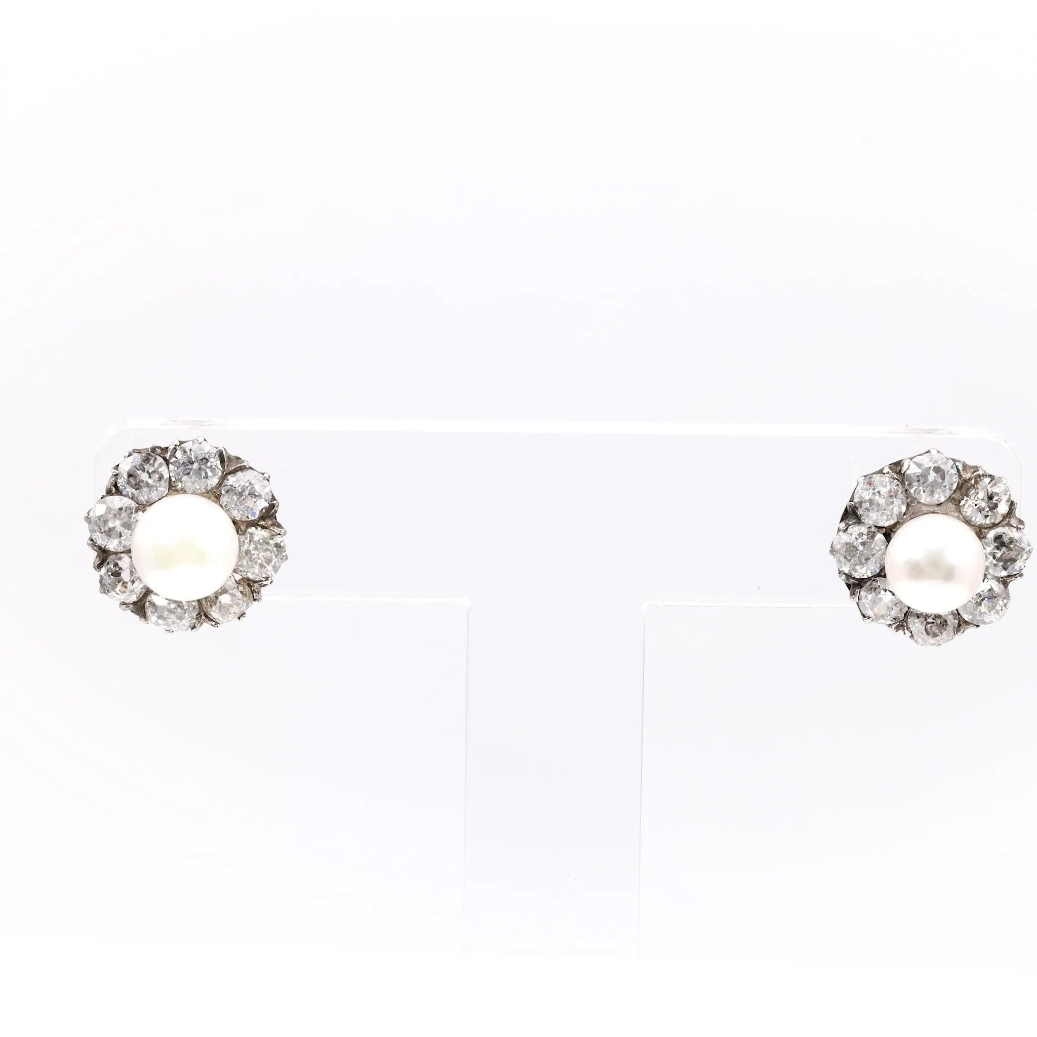 Art Deco Pearl and Diamond 14k White Gold Cluster Stud Earrings