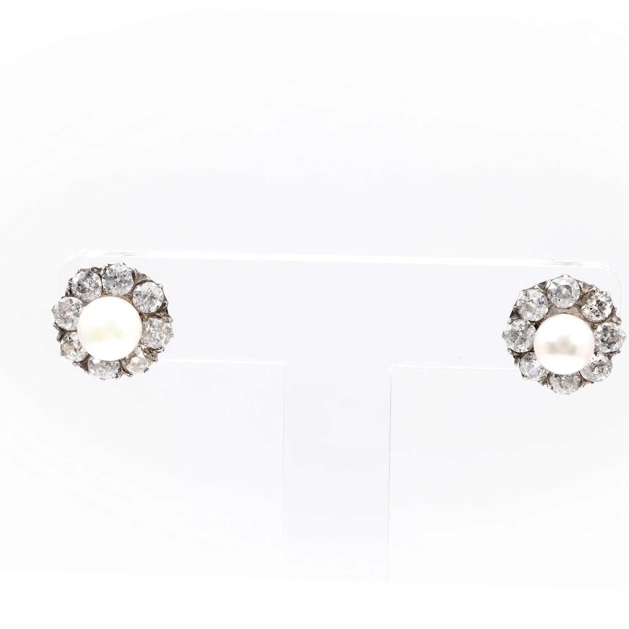 Art Deco Pearl and Diamond 14k White Gold Cluster Stud Earrings