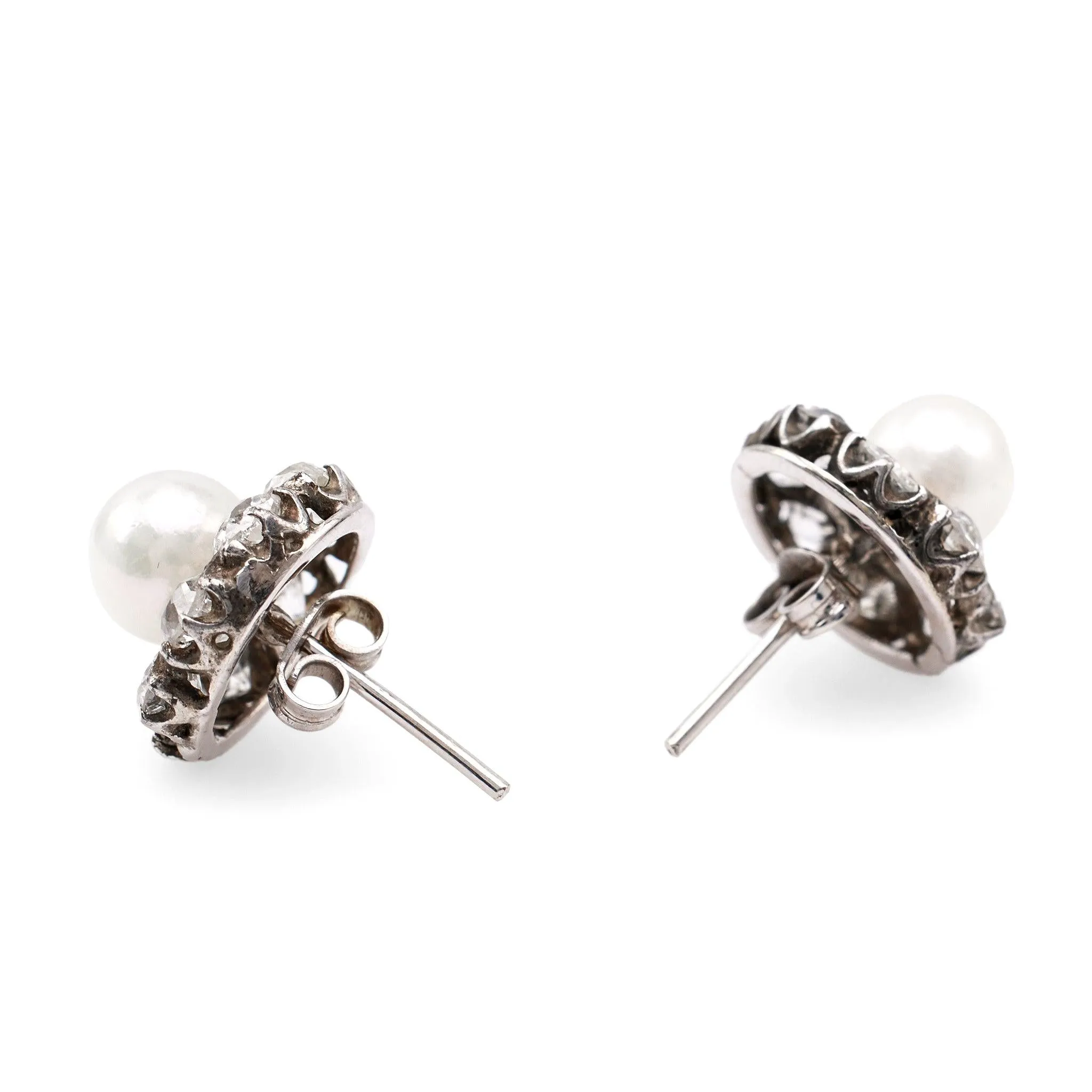 Art Deco Pearl and Diamond 14k White Gold Cluster Stud Earrings