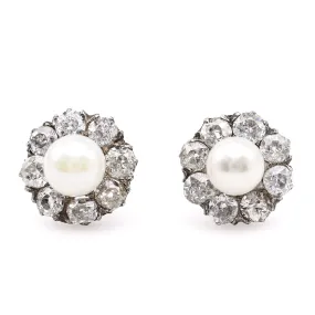 Art Deco Pearl and Diamond 14k White Gold Cluster Stud Earrings