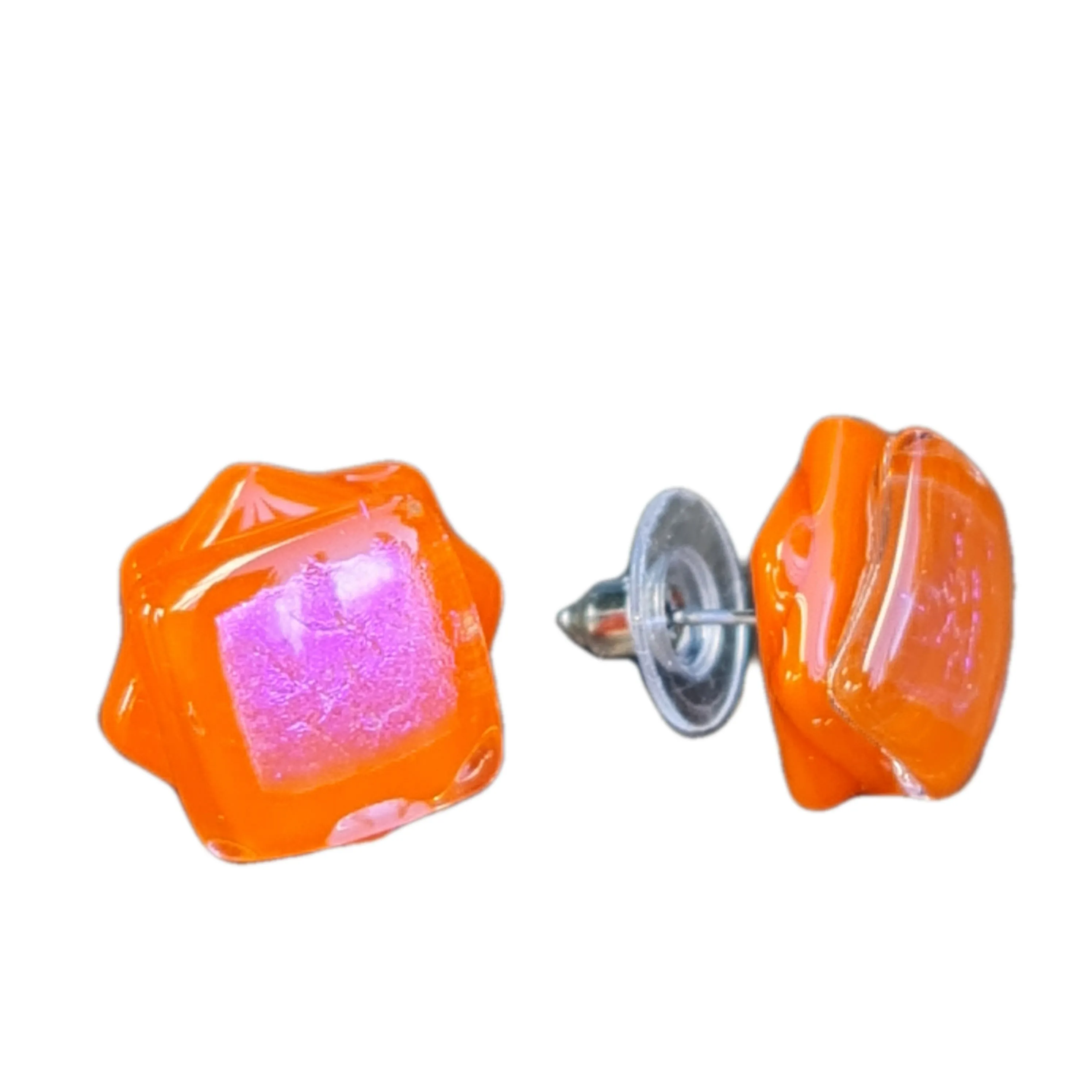 Artisan Glass stud earrings Orange and Pink