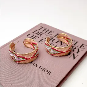 Aztec Design Beaded Hoop Earrings in Blush Pink