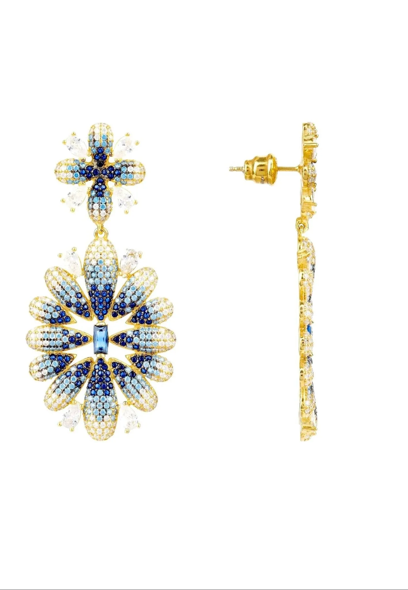 Babylon Flower Drop Earrings Gold Blue