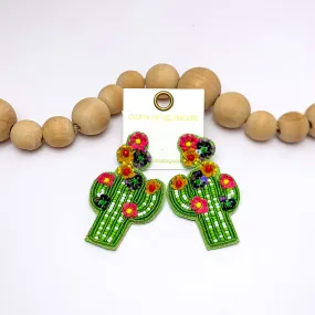 Beaded Cactus Post Earrings With Multicolor Flowers in Light Green