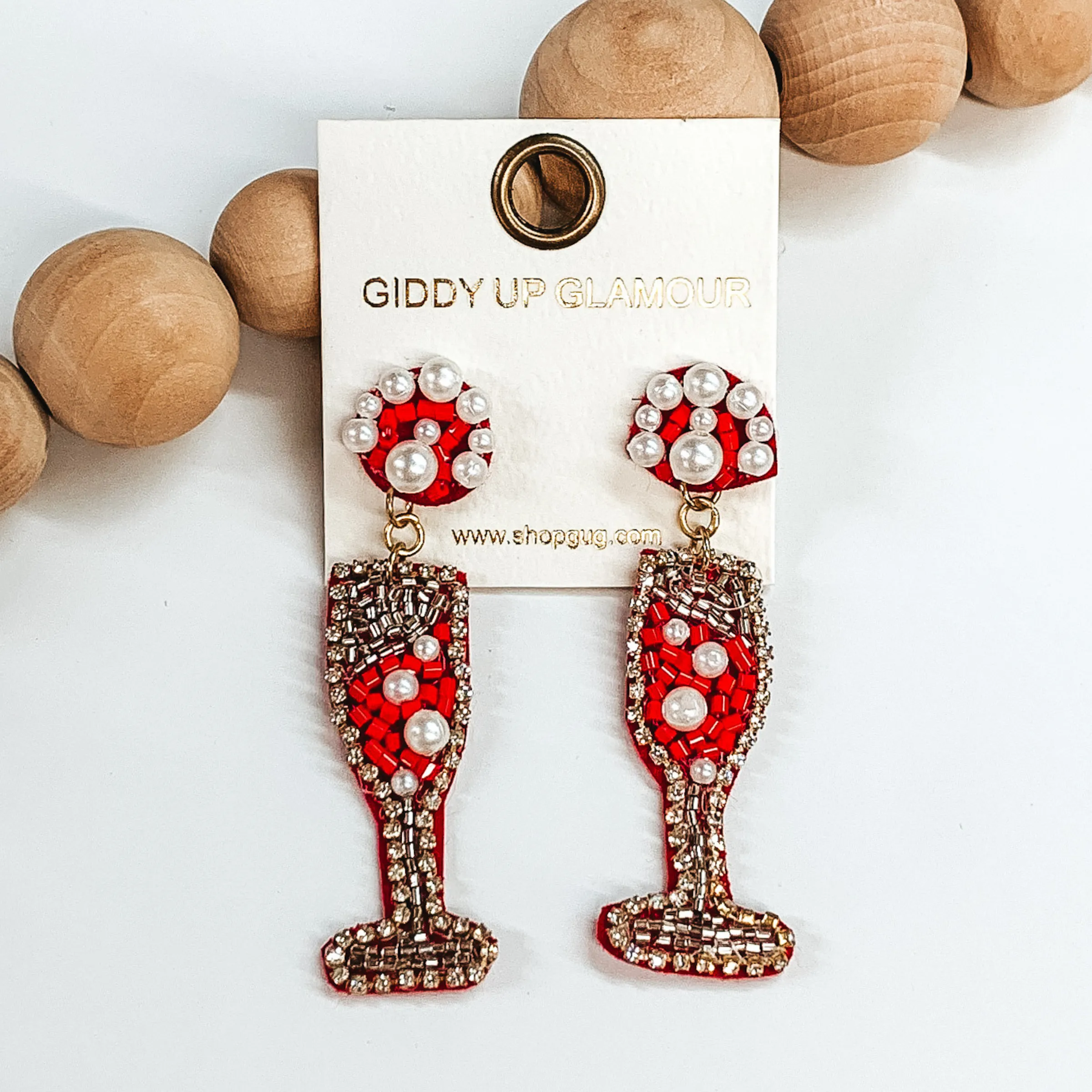 Beaded Champagne Glass Post Earrings in Red