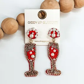 Beaded Champagne Glass Post Earrings in Red