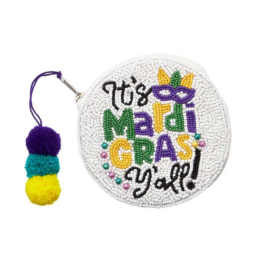 Beaded It's Mardi Gras Y'all! Message Pom Pom Mini Pouch Bag